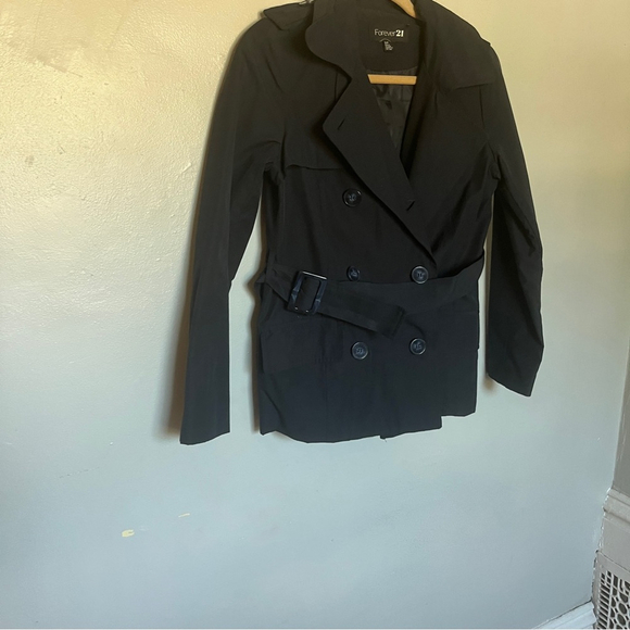 Forever 21 F21 Navy Blue Short Trench Raincoat Jacket w Belt, Size Small - Picture 7 of 10